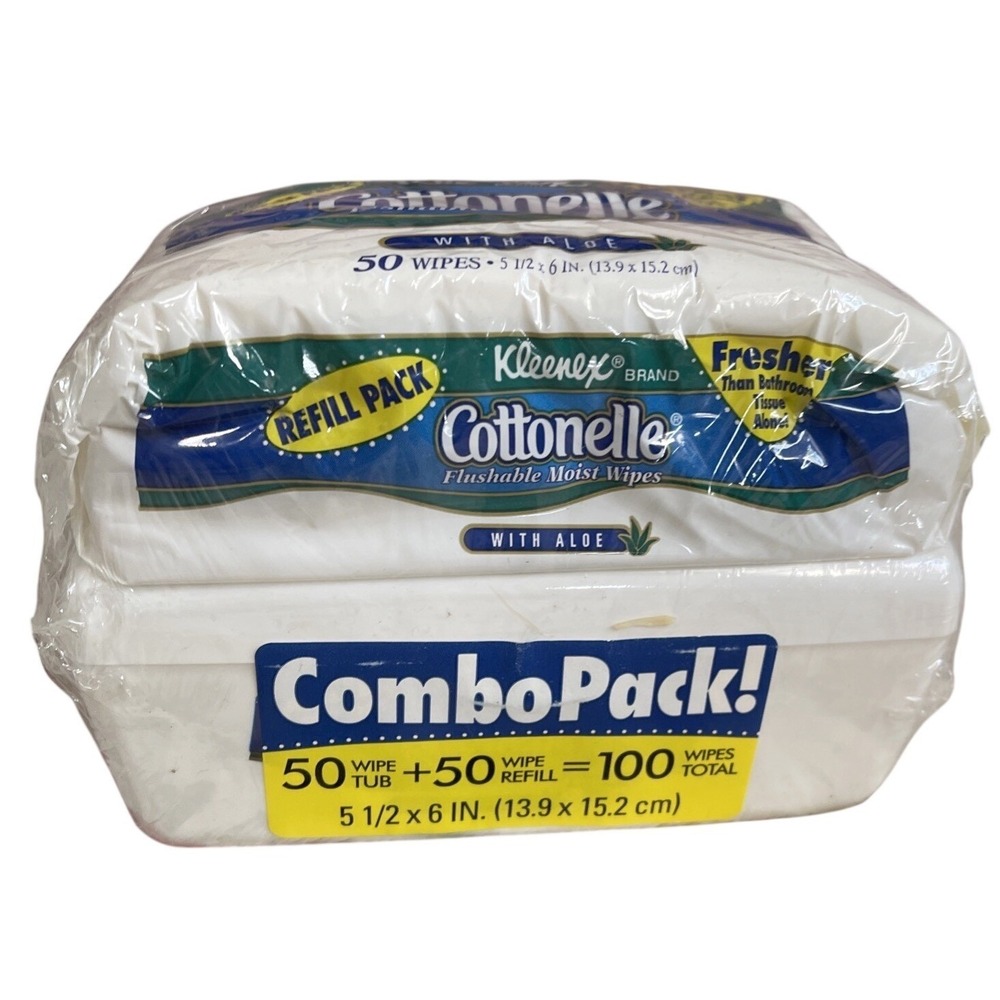VTG Kleenex Cottonelle Aloe Flushable Wipes Refillable Tub Combo 100 Pc 1997‎